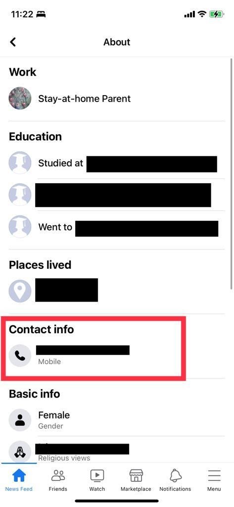 Facebook Contact info